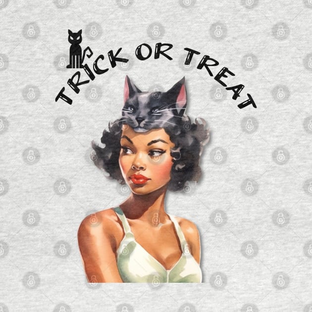 Trick or Treat Black Pin-up Girl with Cat Mask Illustration Art by AdrianaHolmesArt